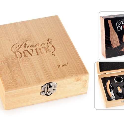 Cutie din lemn cu 4 accesorii somelier pentru vin