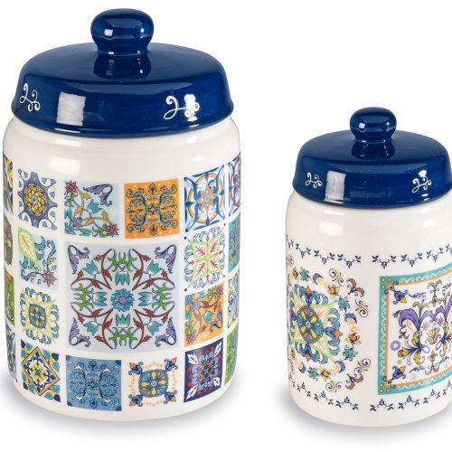 Set de 2 borcane ceramice pentru alimente cu decorațiuni din majolică