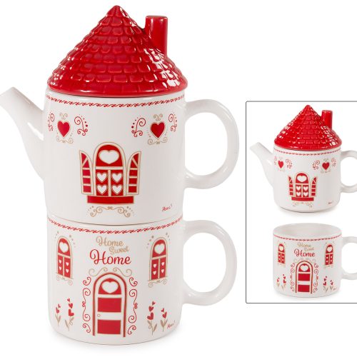 Set ceainic cu cana din ceramică în formă de casă