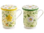 Cană de porțelan de 300 ml cu capac și decorațiuni florale-1 buc