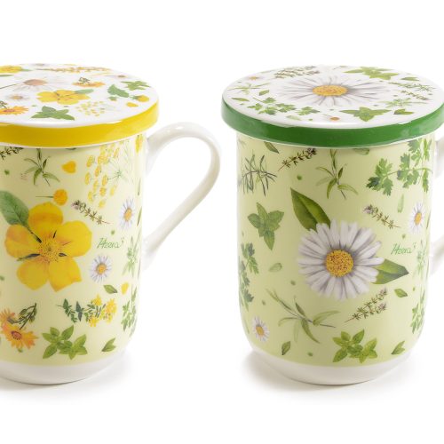 Cană de porțelan de 300 ml cu capac și decorațiuni florale-1 buc