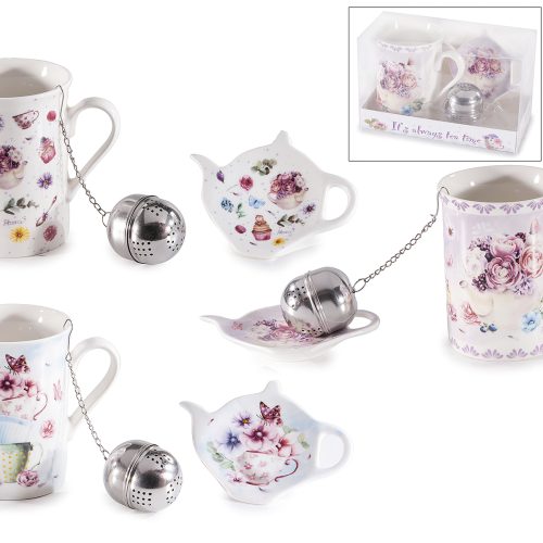 Set cană porțelan, farfurie și filtru cu imprimeu floral 300ml-1buc