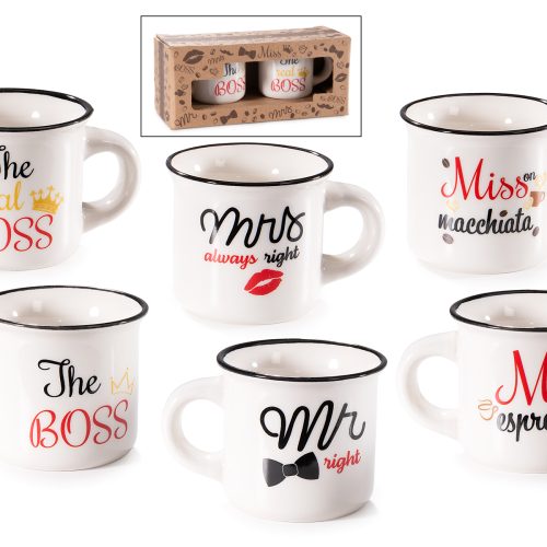 Set 2 cești de porțelan de 70 ml cu inscripție