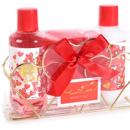 Cutie cadou"Ziua Indragostitilor" cu 2 produse de corp si burete 300ml