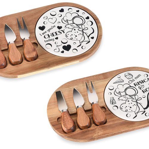 Set de tocator lemn si ceramica pentru branza cu 3 tacamuri
