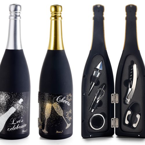 Sticlă de vin spumant cu 5 accesorii de somelier pentru vin
