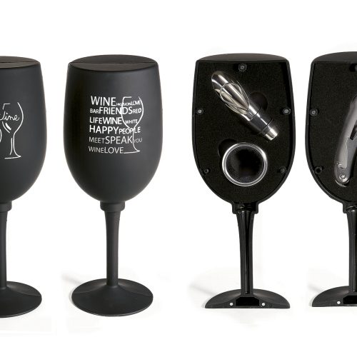 Pahar negru de vin cu 3 accesorii somelier