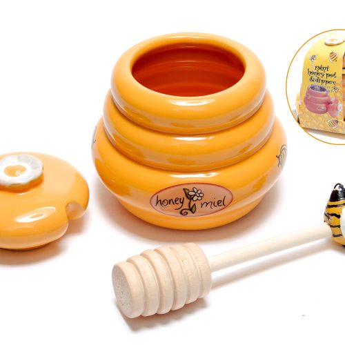 Borcan miere din ceramica cu lingura pentru miere din lemn 150ml
