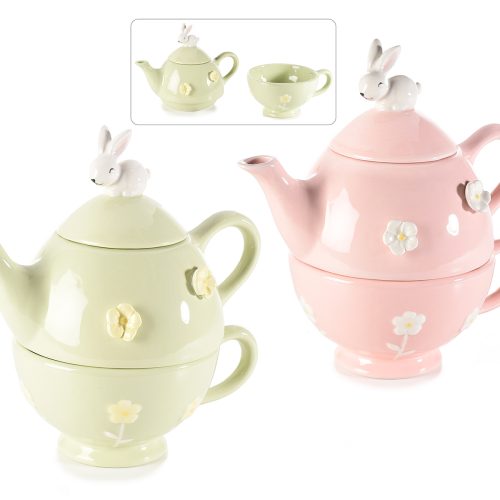 Ceainic si cana din ceramica cu decoratiuni de flori si iepure