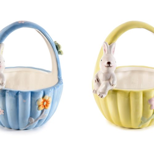 Coș ceramic cu iepuraș și decorațiuni florale în relief 1buc