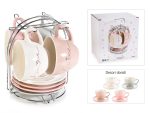 Set 4 cesti de portelan cu farfurioare si decoratiuni aurii 130ml