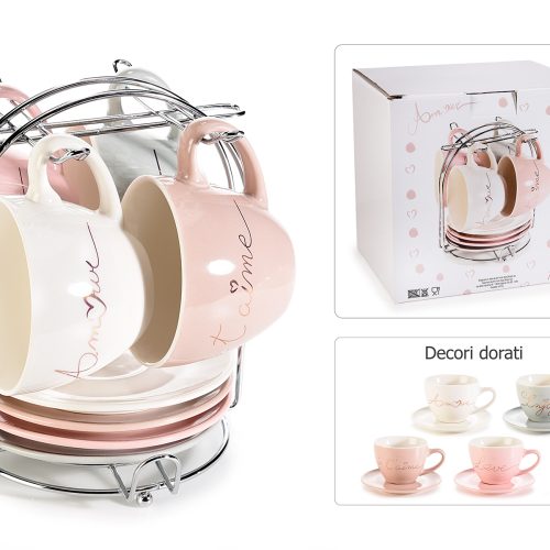 Set 4 cesti de portelan cu farfurioare si decoratiuni aurii 130ml