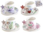 Set 2 cesti si farfurioare din portelan cu decoratiuni florale 80ml-1set