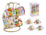 Set 4 cesti de portelan cu farfurie decor citrice 80ml