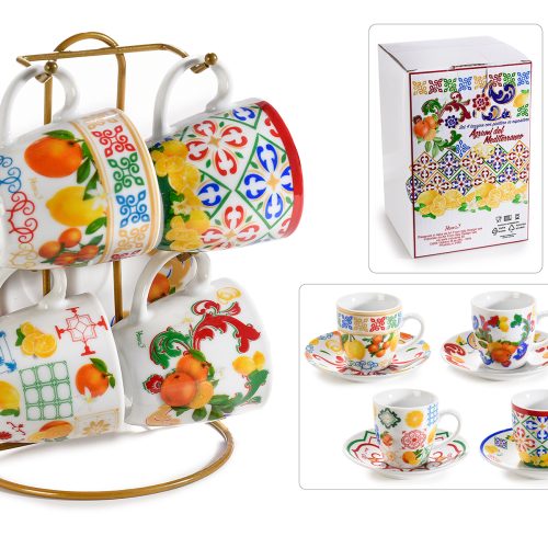 Set 4 cesti de portelan cu farfurie decor citrice 80ml