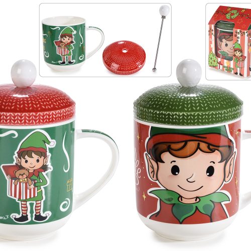Cana capucino craciun din portelan cu capac si bat 400ml -1 buc