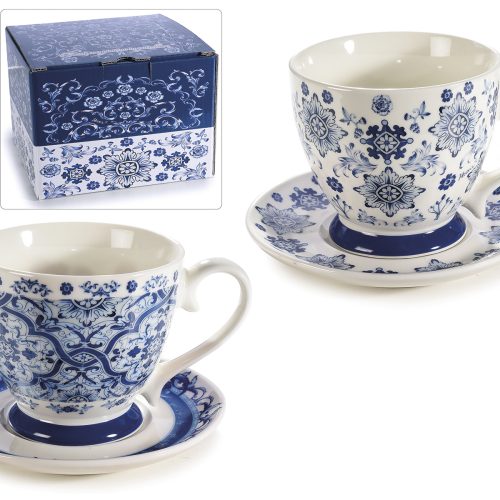 Cană de porțelan cu farfurie albastră cu imprimeu maiolica 400ml-1buc