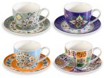 Cana de ceai din portelan cu farfurie cu decoratiuni de majolica 250ml-1buc