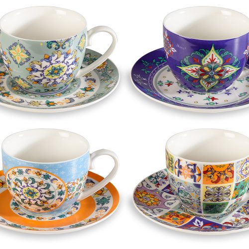 Cana de ceai din portelan cu farfurie cu decoratiuni de majolica 250ml-1buc